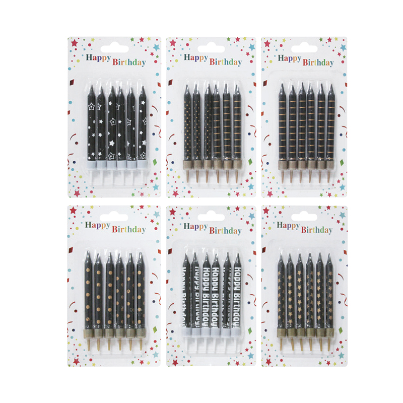 Six black printed candles